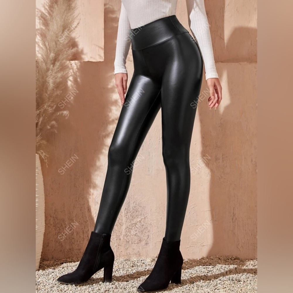 SHEIN Privé Wideband Waist PU Leather Skinny Black Pants